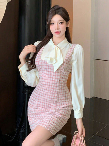 DAZY Plaid Suspender Women Elegant Commuter Short Dress