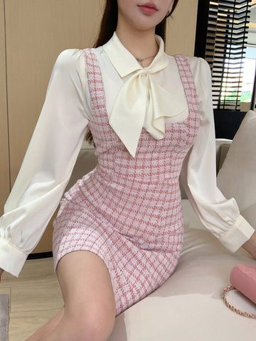 DAZY Plaid Suspender Women Elegant Commuter Short Dress