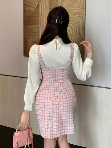 DAZY Plaid Suspender Women Elegant Commuter Short Dress