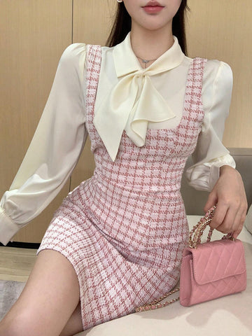 DAZY Plaid Suspender Women Elegant Commuter Short Dress