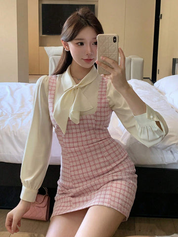 DAZY Plaid Suspender Women Elegant Commuter Short Dress