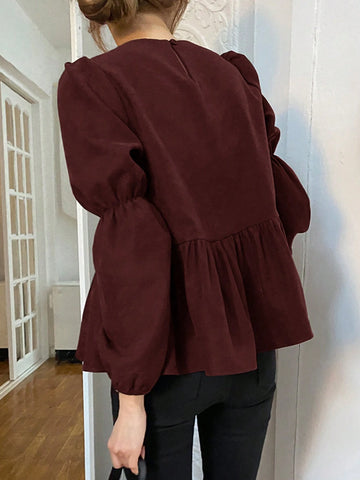 DAZY Plain Crew Neck Ruffle Hem Casual Long Sleeve Shirt