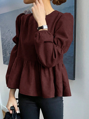 DAZY Plain Crew Neck Ruffle Hem Casual Long Sleeve Shirt
