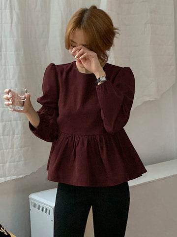 DAZY Plain Crew Neck Ruffle Hem Casual Long Sleeve Shirt