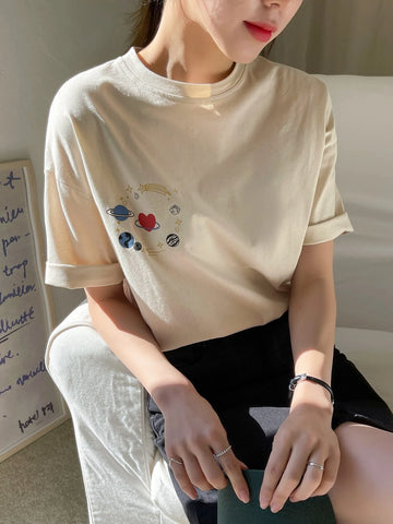 DAZY Planet & Heart Print Drop Shoulder Tee