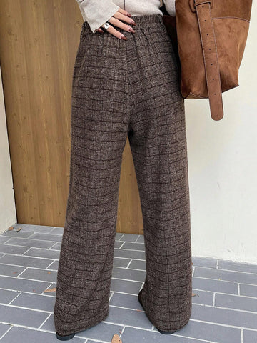 DAZY Pleated Wide Leg Floor Length Plaid Pants For Women