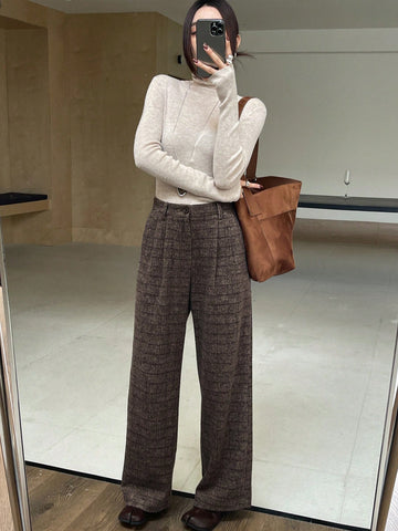 DAZY Pleated Wide Leg Floor Length Plaid Pants For Women