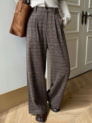 DAZY Pleated Wide Leg Floor Length Plaid Pants For Women