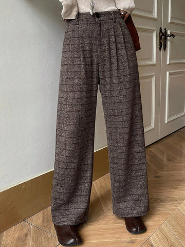 DAZY Pleated Wide Leg Floor Length Plaid Pants For Women