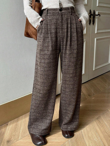DAZY Pleated Wide Leg Floor Length Plaid Pants For Women