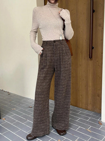 DAZY Pleated Wide Leg Floor Length Plaid Pants For Women