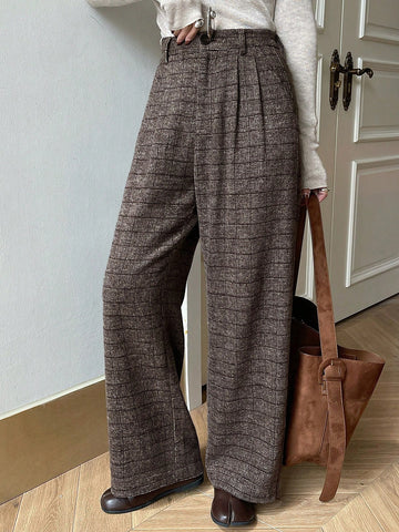 DAZY Pleated Wide Leg Floor Length Plaid Pants For Women