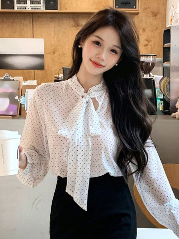 DAZY Polka Dot Loose-Fit Long Sleeve Ladies Shirt With Tie