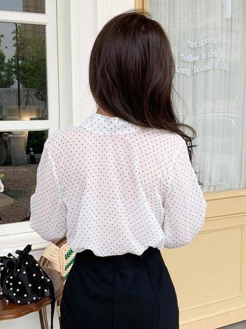 DAZY Polka Dot Loose-Fit Long Sleeve Ladies Shirt With Tie