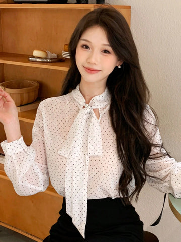 DAZY Polka Dot Loose-Fit Long Sleeve Ladies Shirt With Tie