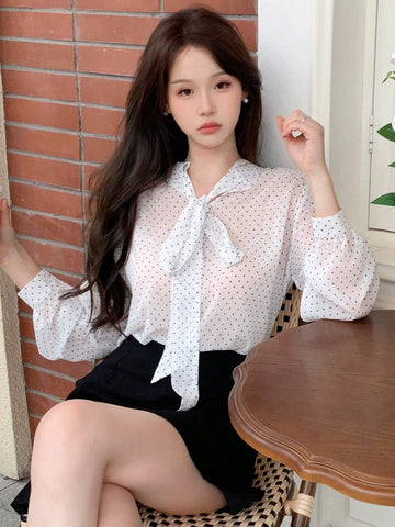 DAZY Polka Dot Loose-Fit Long Sleeve Ladies Shirt With Tie