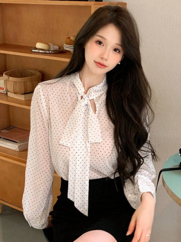 DAZY Polka Dot Loose-Fit Long Sleeve Ladies Shirt With Tie