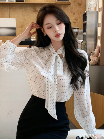 DAZY Polka Dot Loose-Fit Long Sleeve Ladies Shirt With Tie