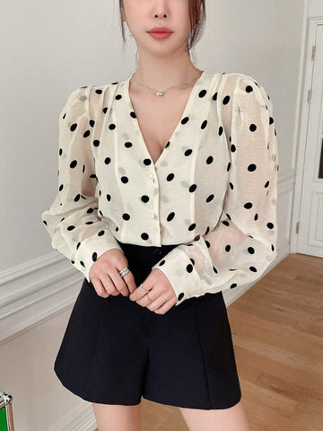 DAZY Polka Dot Loose Fit V-Neck Women's Blouse With Long Sleeves