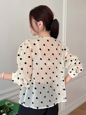 DAZY Polka Dot Loose Fit V-Neck Women's Blouse With Long Sleeves