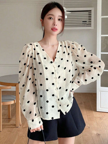 DAZY Polka Dot Loose Fit V-Neck Women's Blouse With Long Sleeves