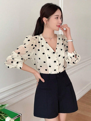 DAZY Polka Dot Loose Fit V-Neck Women's Blouse With Long Sleeves