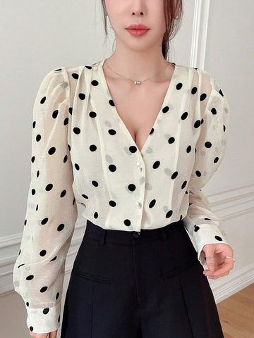 DAZY Polka Dot Loose Fit V-Neck Women's Blouse With Long Sleeves