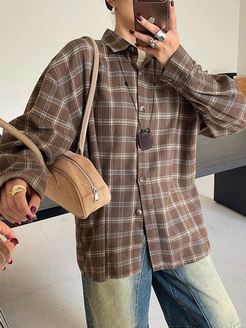 DAZY Retro Plaid Drop Shoulder Loose Women Blouse