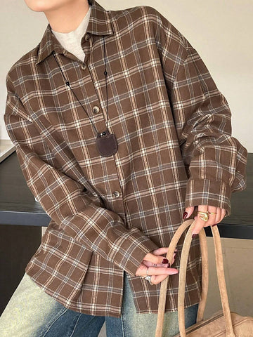 DAZY Retro Plaid Drop Shoulder Loose Women Blouse