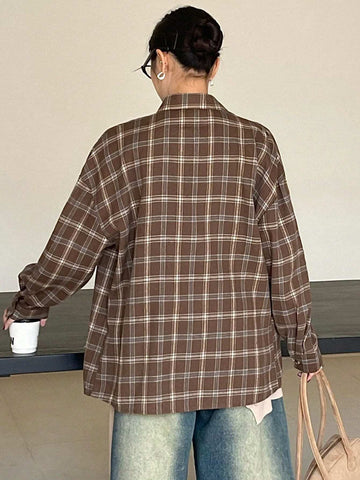 DAZY Retro Plaid Drop Shoulder Loose Women Blouse