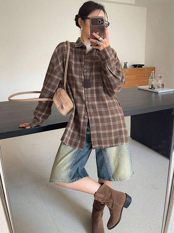 DAZY Retro Plaid Drop Shoulder Loose Women Blouse