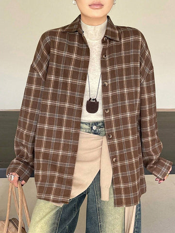 DAZY Retro Plaid Drop Shoulder Loose Women Blouse