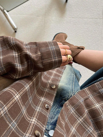 DAZY Retro Plaid Drop Shoulder Loose Women Blouse