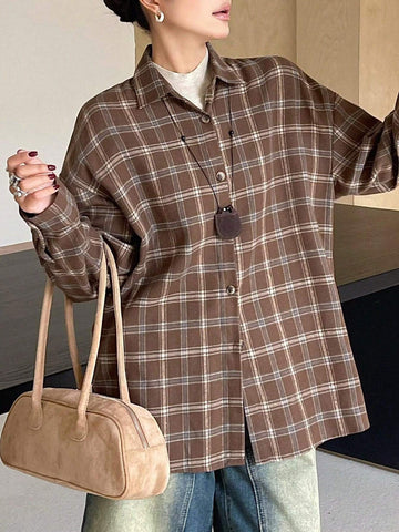 DAZY Retro Plaid Drop Shoulder Loose Women Blouse