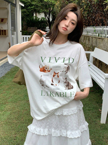 DAZY Round Neck Short Sleeves Printed Loose T-Shirt