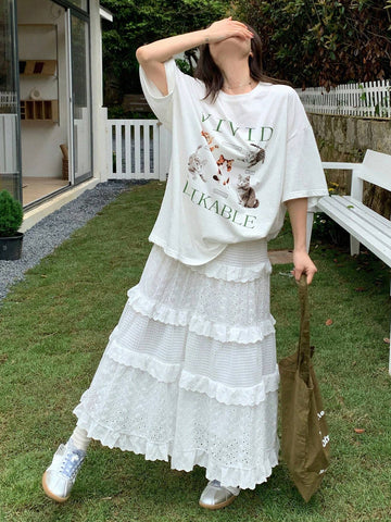 DAZY Round Neck Short Sleeves Printed Loose T-Shirt