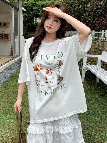DAZY Round Neck Short Sleeves Printed Loose T-Shirt