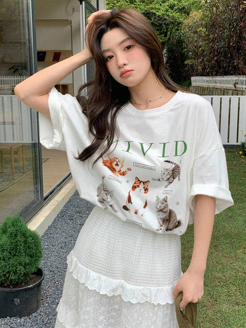 DAZY Round Neck Short Sleeves Printed Loose T-Shirt
