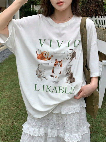 DAZY Round Neck Short Sleeves Printed Loose T-Shirt