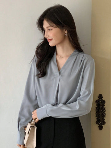 DAZY Satin Chiffon Blouse, Women's Layering V-Neck Long Sleeve Top
