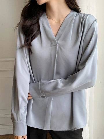 DAZY Satin Chiffon Blouse, Women's Layering V-Neck Long Sleeve Top