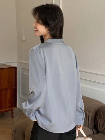 DAZY Satin Chiffon Blouse, Women's Layering V-Neck Long Sleeve Top