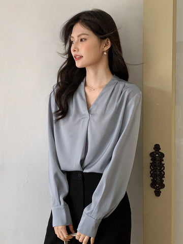 DAZY Satin Chiffon Blouse, Women's Layering V-Neck Long Sleeve Top