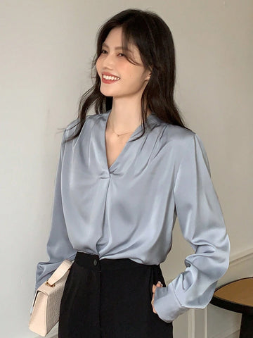 DAZY Satin Chiffon Blouse, Women's Layering V-Neck Long Sleeve Top