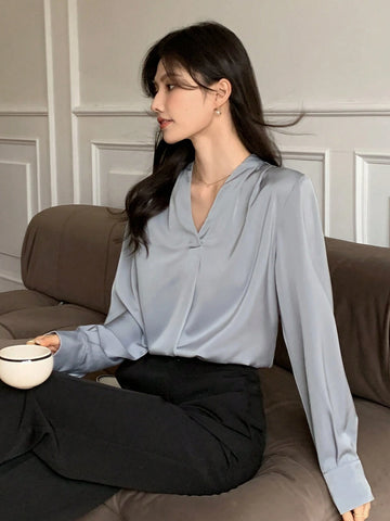 DAZY Satin Chiffon Blouse, Women's Layering V-Neck Long Sleeve Top