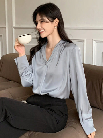 DAZY Satin Chiffon Blouse, Women's Layering V-Neck Long Sleeve Top