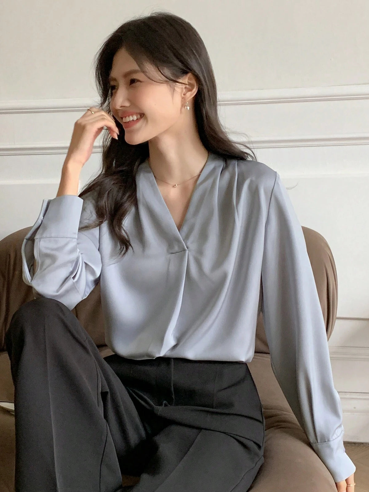 DAZY Satin Chiffon Blouse, Women's Layering V-Neck Long Sleeve Top