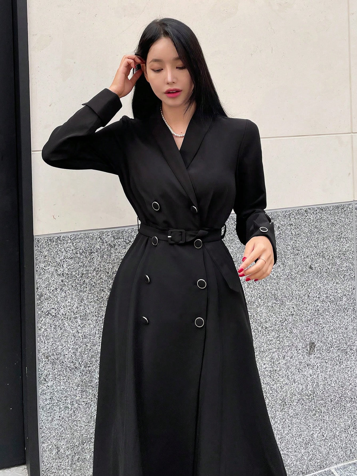 DAZY Shawl Collar Double Breasted Belted Dress