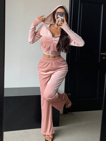 DAZY Short Hooded Sweatshirt With Elastic Waist Long Pants 2-Piece Set