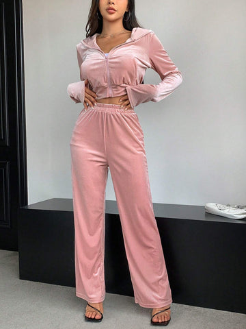 DAZY Short Hooded Sweatshirt With Elastic Waist Long Pants 2-Piece Set